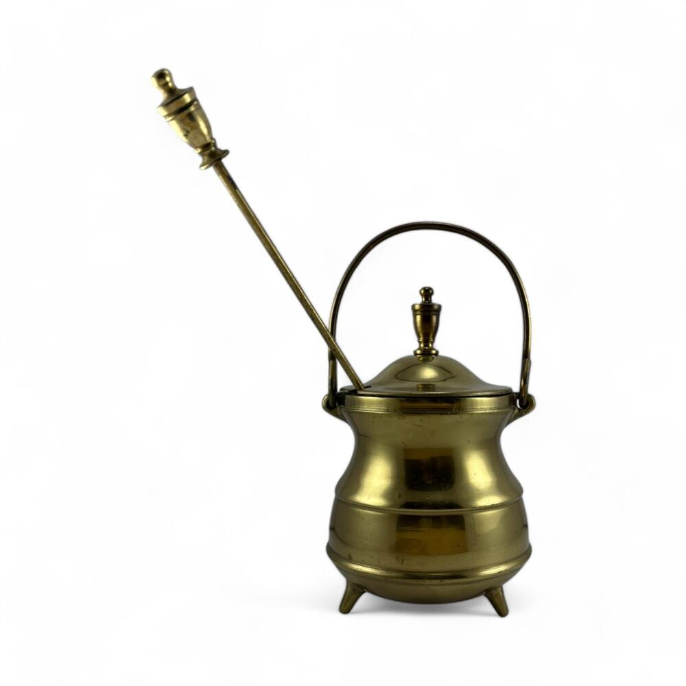 Vintage Brass Fireplace Fire Starter Cauldron with Lid and Dipper - 1940s-1960s